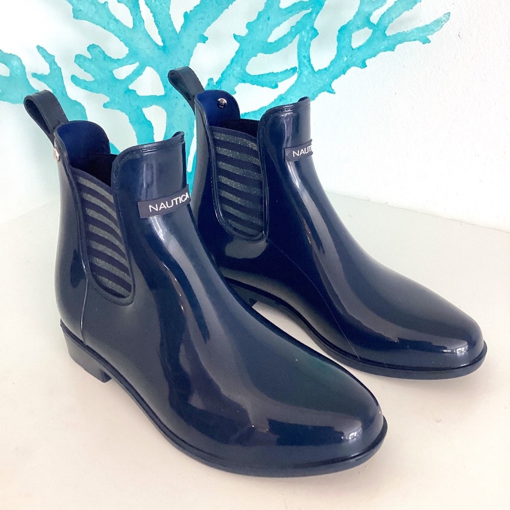NEW Nautica Women's Ankle Rain Boots Cuff Port Lurex Navy Blue Fashion Size 7